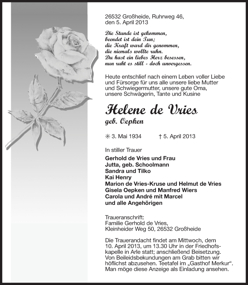  Traueranzeige für Helene de Vries vom 08.04.2013 aus Ostfriesischer Kurier