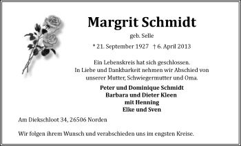 Traueranzeige von Margrit Schmidt von Ostfriesischer Kurier