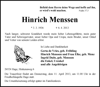 Traueranzeige von Hinrich Menssen von Ostfriesischer Kurier