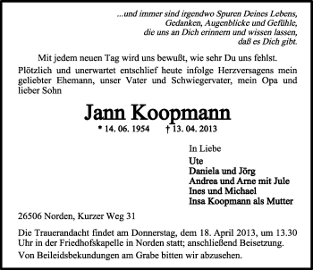 Traueranzeige von Jann Koopmann von Ostfriesischer Kurier