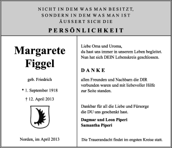 Traueranzeige von Margarete Figgel von Ostfriesischer Kurier