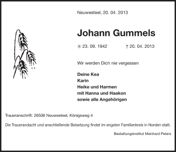 Traueranzeige von Johann Gummels von Ostfriesischer Kurier