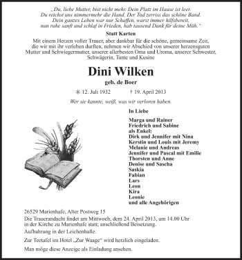 Traueranzeige von Dini Wilken von Ostfriesischer Kurier