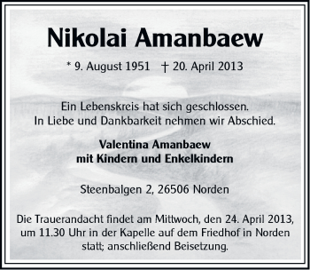 Traueranzeige von Nikolai Amanbaew von Ostfriesischer Kurier