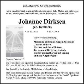 Traueranzeige von Johanne Dirksen von Ostfriesischer Kurier