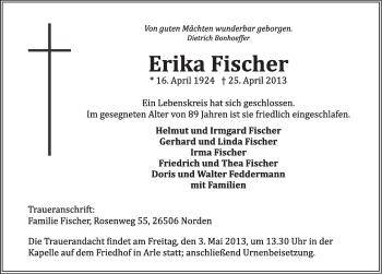 Traueranzeige von Erika Fischer von Ostfriesischer Kurier
