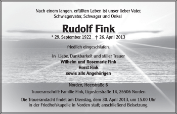 Traueranzeige von Rudolf Fink von Ostfriesischer Kurier