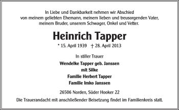 Traueranzeige von Heinrich Tapper von Ostfriesischer Kurier