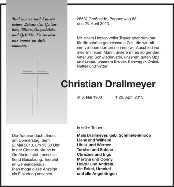 Traueranzeige von Christian Drallmeyer von Ostfriesischer Kurier