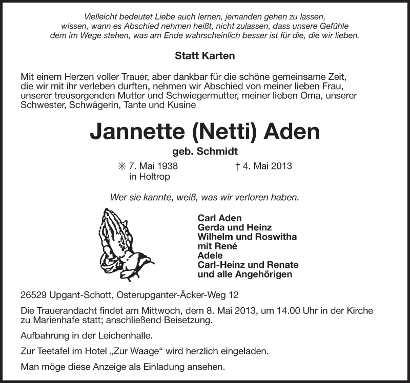  Traueranzeige für Jannette Aden vom 06.05.2013 aus Ostfriesischer Kurier