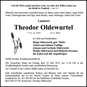 Traueranzeige von Theodor Oldewurtel von Ostfriesischer Kurier