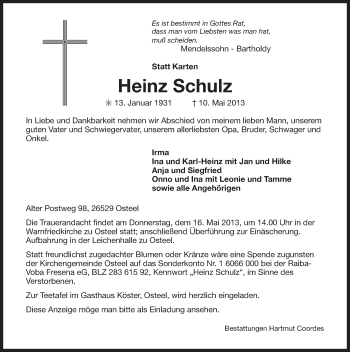 Traueranzeige von Heinz Schulz von Ostfriesischer Kurier