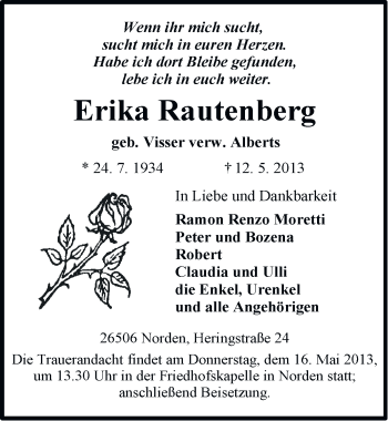 Traueranzeige von Erika Rautenberg von Ostfriesischer Kurier