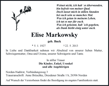Traueranzeige von Elise Markowsky von Ostfriesischer Kurier
