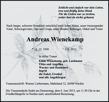 Traueranzeige von Andreas Wienekamp von Ostfriesischer Kurier