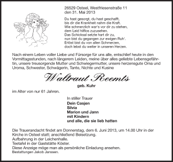 Traueranzeige von Waltraut Reemts von Ostfriesischer Kurier