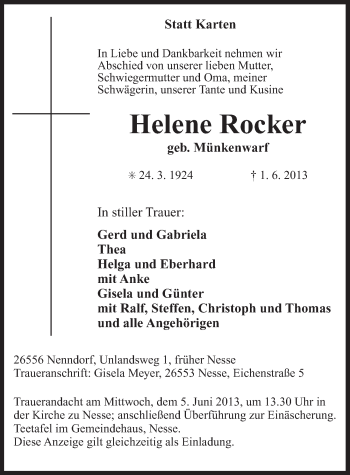 Traueranzeige von Helene Rocker von Ostfriesischer Kurier