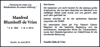 Traueranzeige von Manfred Blumhoff-de Vries von Ostfriesischer Kurier