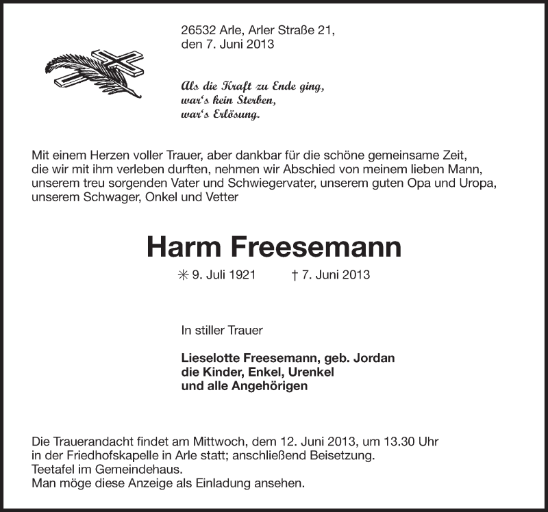  Traueranzeige für Harm Freesemann vom 10.06.2013 aus Ostfriesischer Kurier