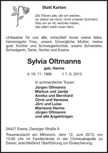Traueranzeige von Sylvia Oltmanns von Ostfriesischer Kurier