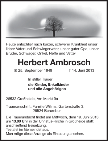 Traueranzeige von Herbert Ambrosch von Ostfriesischer Kurier