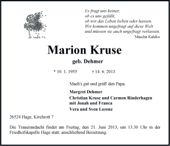Traueranzeige von Marion Kruse von Ostfriesischer Kurier