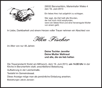 Traueranzeige von Ilka Fischer von Ostfriesischer Kurier