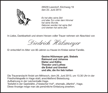 Traueranzeige von Diedrich Hülsmeyer von Ostfriesischer Kurier