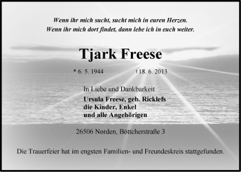 Traueranzeige von Tjark Freese von Ostfriesischer Kurier