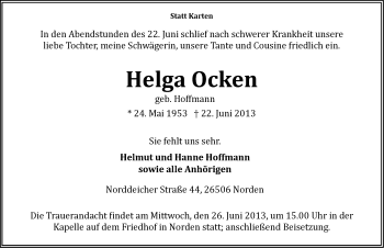 Traueranzeige von Helga Ocken von Ostfriesischer Kurier