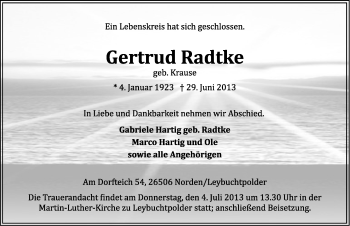Traueranzeige von Gertrud Radtke von Ostfriesischer Kurier