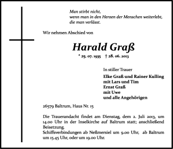 Traueranzeige von Harald Graß von Ostfriesischer Kurier