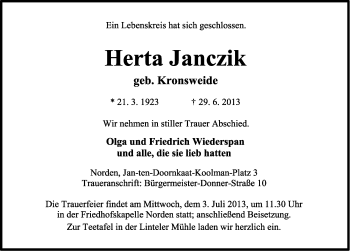 Traueranzeige von Herta Janczik von Ostfriesischer Kurier