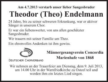 Traueranzeige von Theodor Endelmann von Ostfriesischer Kurier