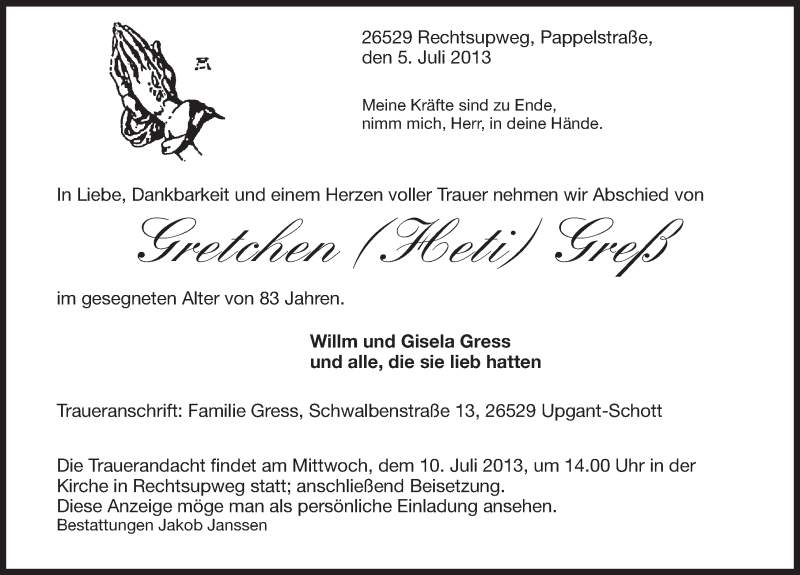  Traueranzeige für Gretchen Greß vom 08.07.2013 aus Ostfriesischer Kurier
