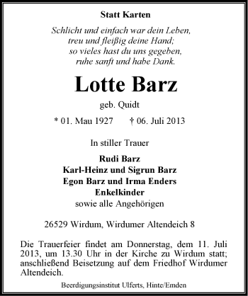 Traueranzeige von Lotte Barz von Ostfriesischer Kurier
