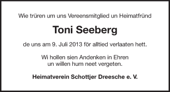 Traueranzeige von Toni Seeberg von Ostfriesischer Kurier