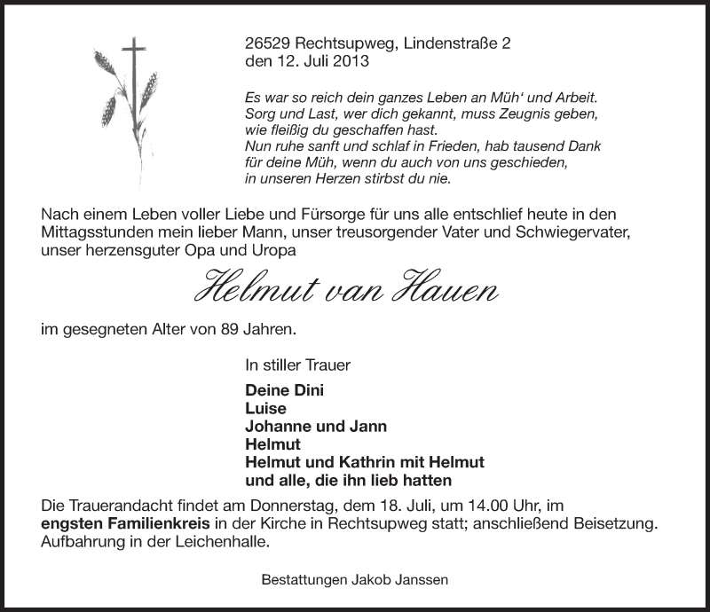  Traueranzeige für Helmut van Hauen vom 15.07.2013 aus Ostfriesischer Kurier