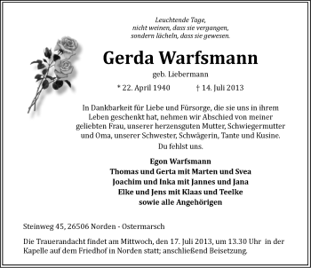 Traueranzeige von Gerda Warfsmann von Ostfriesischer Kurier
