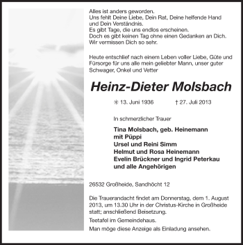 Traueranzeige von Heinz-Dieter Molsbach von Ostfriesischer Kurier