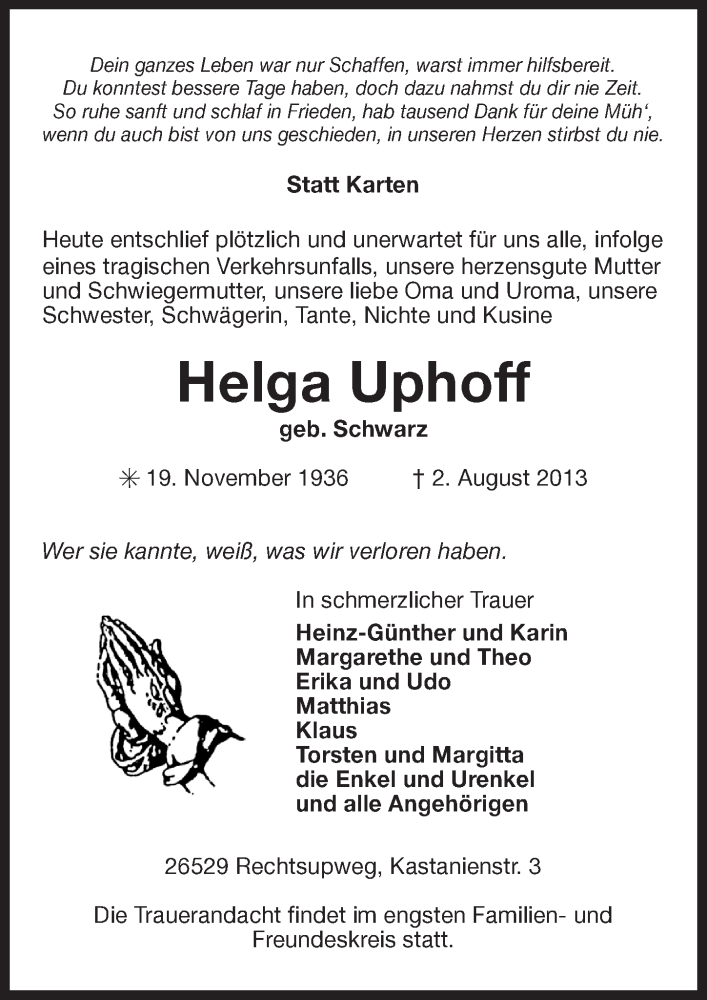  Traueranzeige für Helga Uphoff vom 05.08.2013 aus Ostfriesischer Kurier
