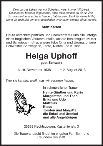 Traueranzeige von Helga Uphoff von Ostfriesischer Kurier