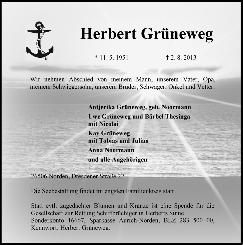 Traueranzeige für Herbert Grüneweg vom 05.08.2013 aus Ostfriesischer Kurier