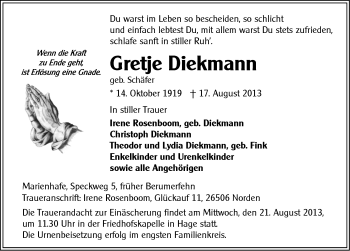 Traueranzeige von Gretje Diekmann von Ostfriesischer Kurier