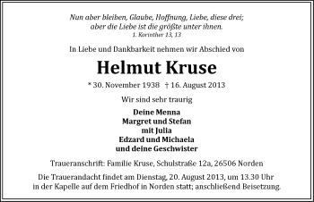 Traueranzeige von Helmut Kruse von Ostfriesischer Kurier