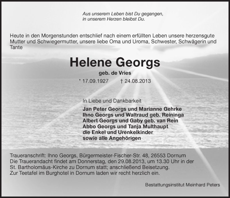  Traueranzeige für Helene Georgs vom 26.08.2013 aus Ostfriesischer Kurier