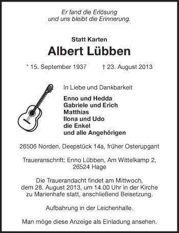 Traueranzeige von Albert Lübben von Ostfriesischer Kurier