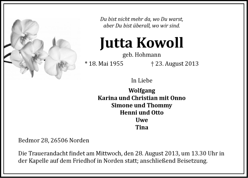 Traueranzeige für Jutta Kowoll vom 26.08.2013 aus Ostfriesischer Kurier