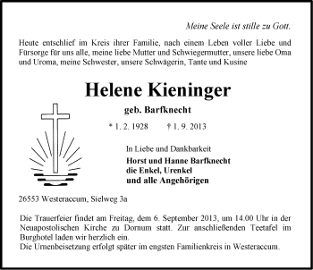 Traueranzeige von Helene Kieninger von Ostfriesischer Kurier