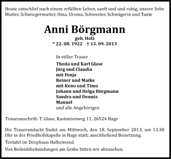 Traueranzeige von Anni Börgmann von Ostfriesischer Kurier